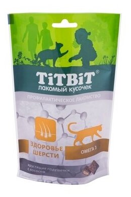 TiTBiT Хрустящие подушечки для кошек с лососем для здоровья шерсти, 0,06 кг