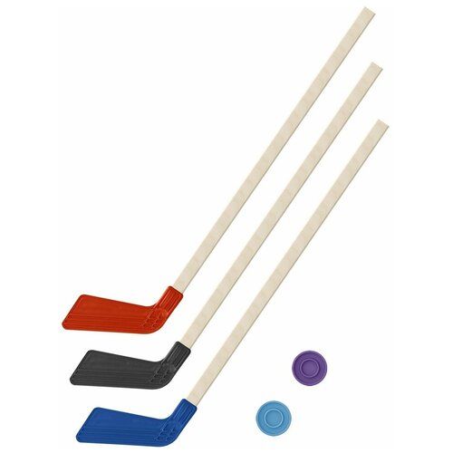 Набор Задира-плюс 3 клюшки хоккейных 80 см и 2 шайбы, КЛ2-Ш2-КЛ-Ш красный/черный/синий набор задира плюс 3 клюшки хоккейных 80 см и 2 шайбы кл2 ш2 кл ш желтый черный зеленый