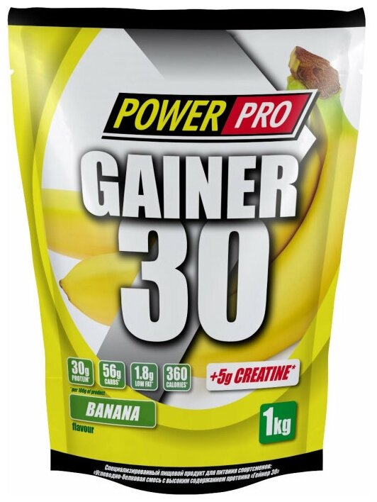 Power pro Углеводно-белковая смесь с высоким содержанием протеина "Гейнер 30" со вкусом банана, 1кг