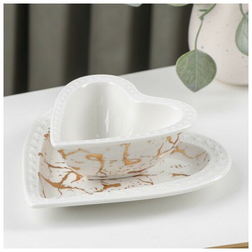 Набор керамический столовый «Марбл», 2 предмета: салатник 150 мл, блюдо 16,5×17×2 см, цвет белый, "Hidde", материал керамика