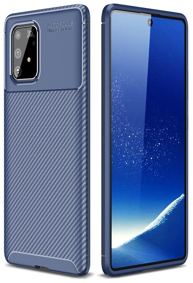Чехол панель-бампер MyPads для Samsung Galaxy A21s SM-A217F (2020) из прочного силикона с матовой отделкой «под карбон» синяя
