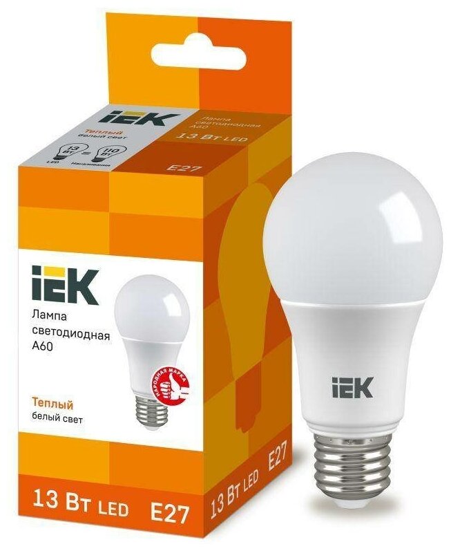 Лампа светодиодная ECO A60 13Вт грушевидная 230В 3000К E27 IEK LLE-A60-13-230-30-E27 (1 шт.)