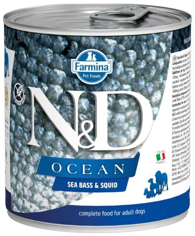 Farmina N&D Ocean Dog влажный корм для взрослых собак с сибасом и кальмаром - 285 г (6 шт в уп)