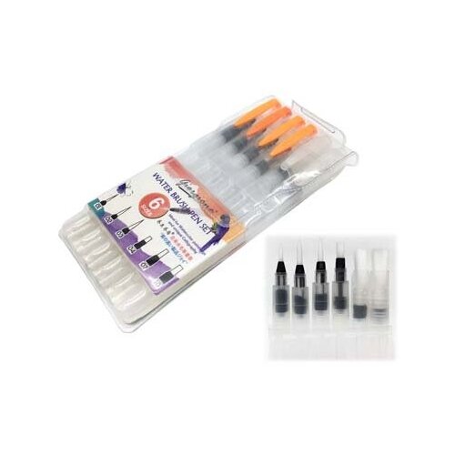 Набор кистей с резервуаром 6 шт, № 1, 2, 3, 4, 7, 10, синтетика, плоские, 