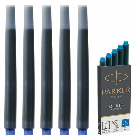 Картриджи чернильные PARKER "Cartridge Quink" комплект 5 смываемые чернила синие, 2 шт