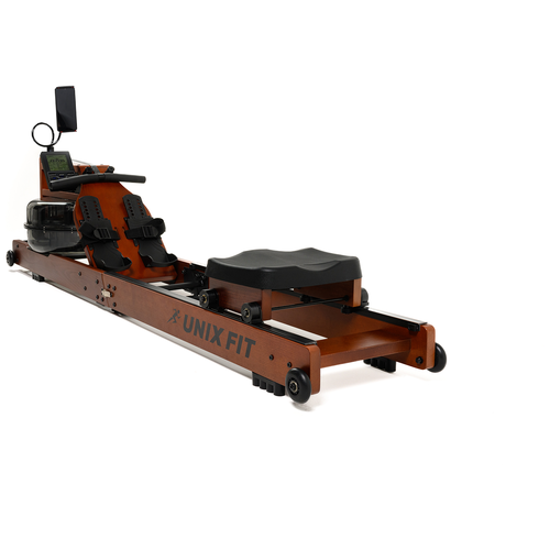 фото Гребной тренажер водный unixfit wood rower light, древесина бука, складной, до 120 кг, 8 программ, ремень нейлон, анатомическое сидение