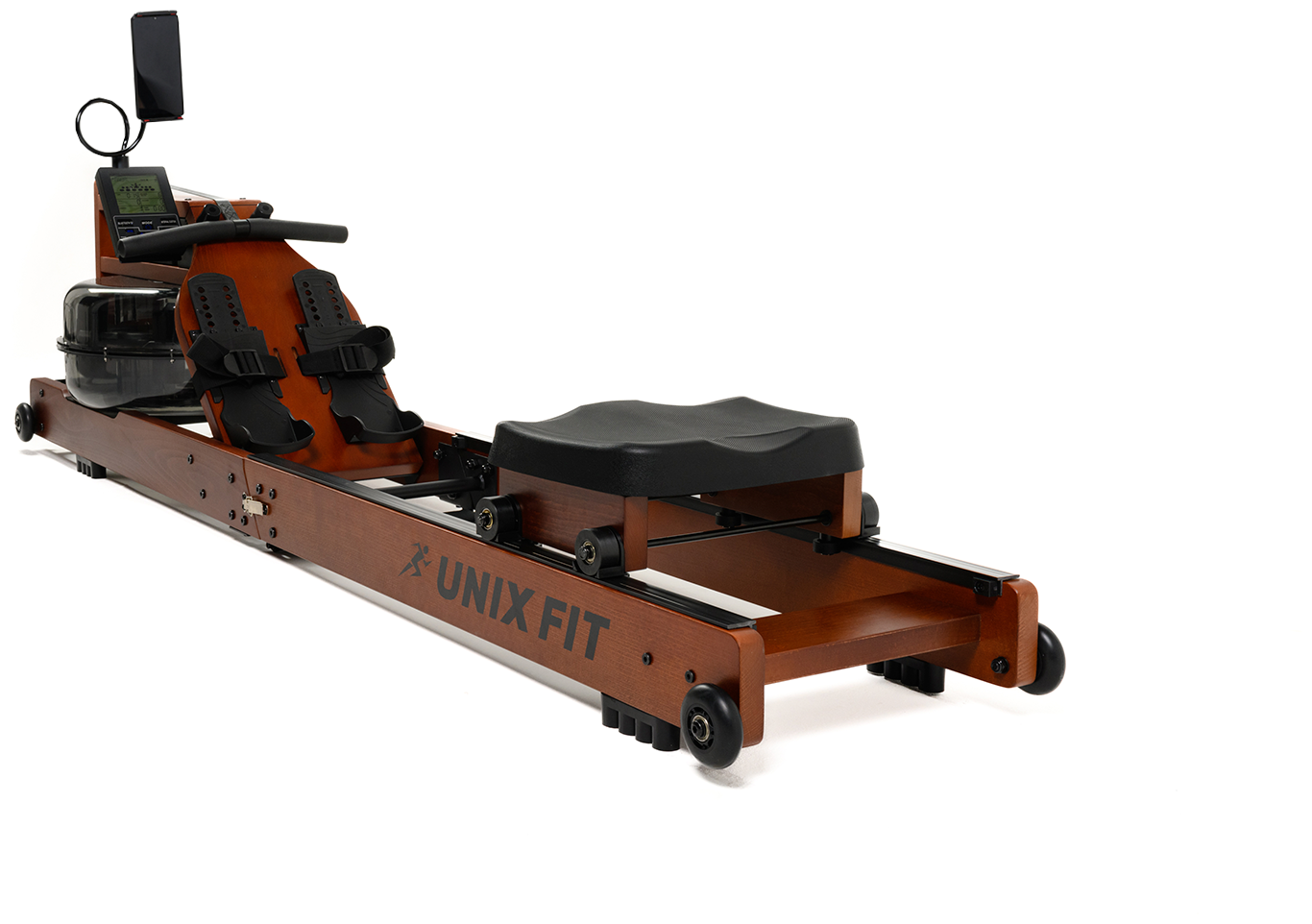 Гребной тренажер водный UNIXFIT Wood Rower Dark, древесина бука, складной, до 120 кг, 8 программ, ремень нейлон, анатомическое сидение