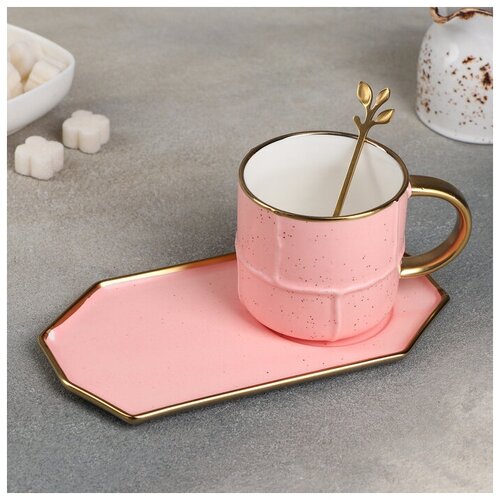 Чайная пара «Весна», кружка 300 мл, блюдце 20×10,5 см, с ложкой, цвет розовый