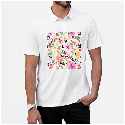 Рубашка- поло CoolPodarok Цветочные узоры2 белого цвета