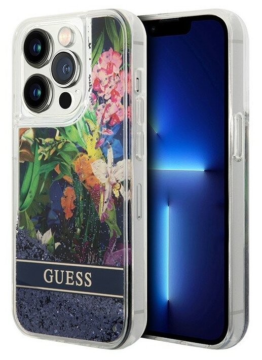 Guess для iPhone 14 Pro чехол Liquid Glitter Flower Hard Blue, шт