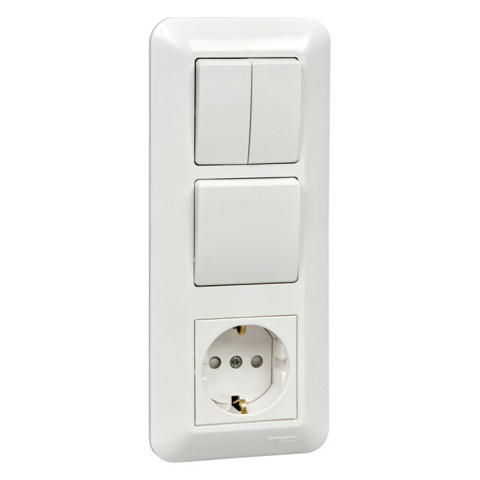 Прима С/У блок: розетка с зазем.+ выкл.1-клав.+ выкл 2-клав, белый, розн. уп. Рос, SCHNEIDER ELECTRIC BK2VR-008A-BI (1 шт.)