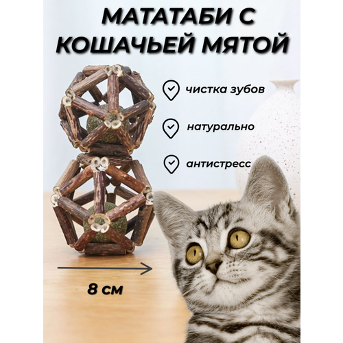 Шарик кошачья мята с мататаби, игрушка антистресс, шарик с мятой и палочками мататаби большой 8 см палочки деревянные мататаби с мятой для чистки зубов кошек 5 штук 12 см 0 8 мм игрушка мятная жевательная палочка зубочистка