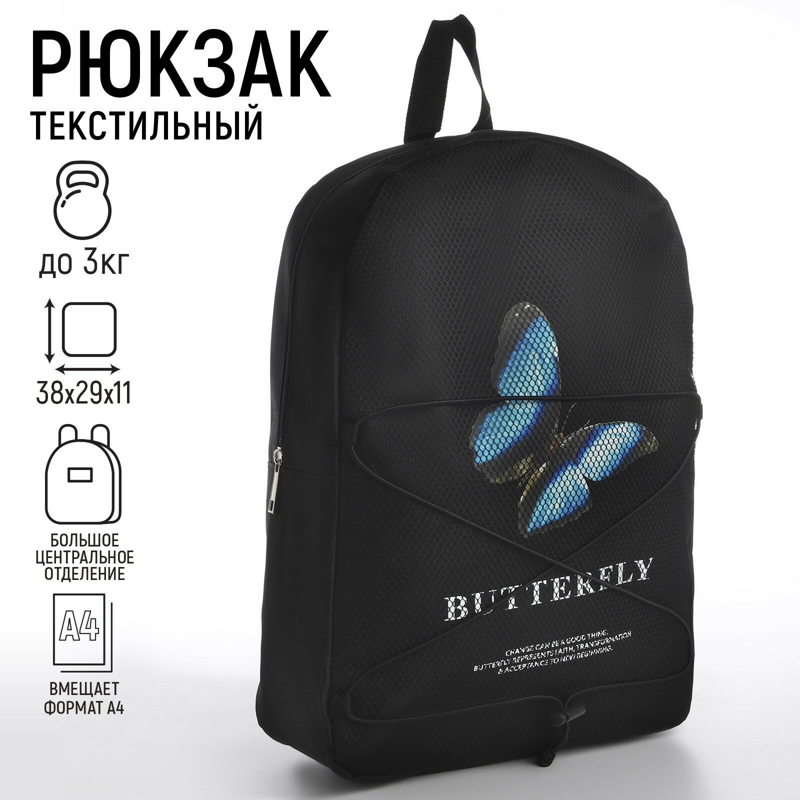 фото Рюкзак текстильный со шнуровкой BUTTERFLY, 38х29х11 см, черный