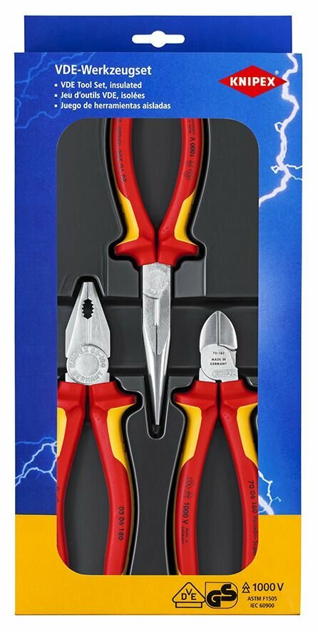 Набор ШГИ VDE KNIPEX в ложементе, 3 пр, KN-0306180 плоскогубцы, KN-2616200 длинногубцы, KN-7006160 бокорезы