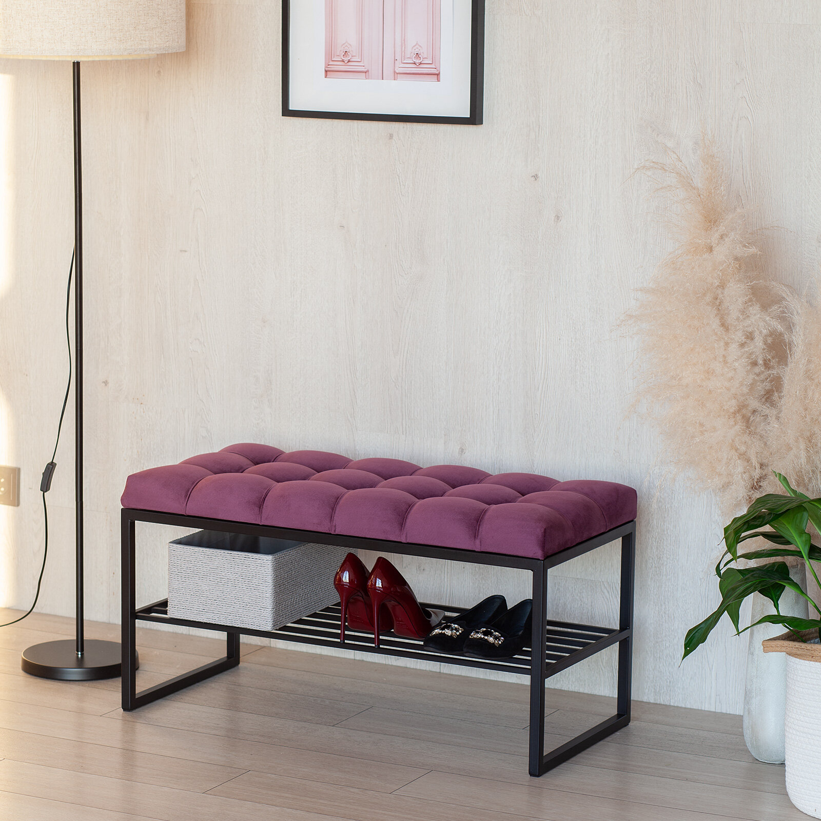 Банкетка в прихожую GREENWEEN RUBY MINI, черный каркас, сидение велюр цвет Marsala, каретная стяжка, 850х400х450 — фото 1