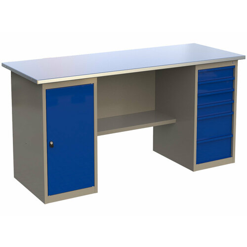 Стол верстак слесарный металлический с 2 тумбами с дверью и с 6 ящиками, 1800 мм, MasterLine, Wellmet ML 1800 ML0/ML6