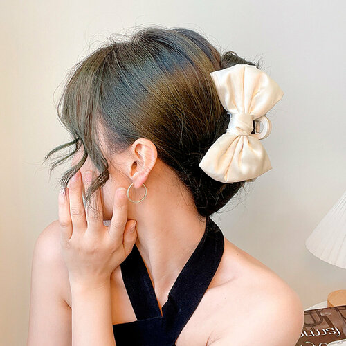 Заколка-краб с двусторонним бантом, 15 сантиметров, пластик, цвет бежевый