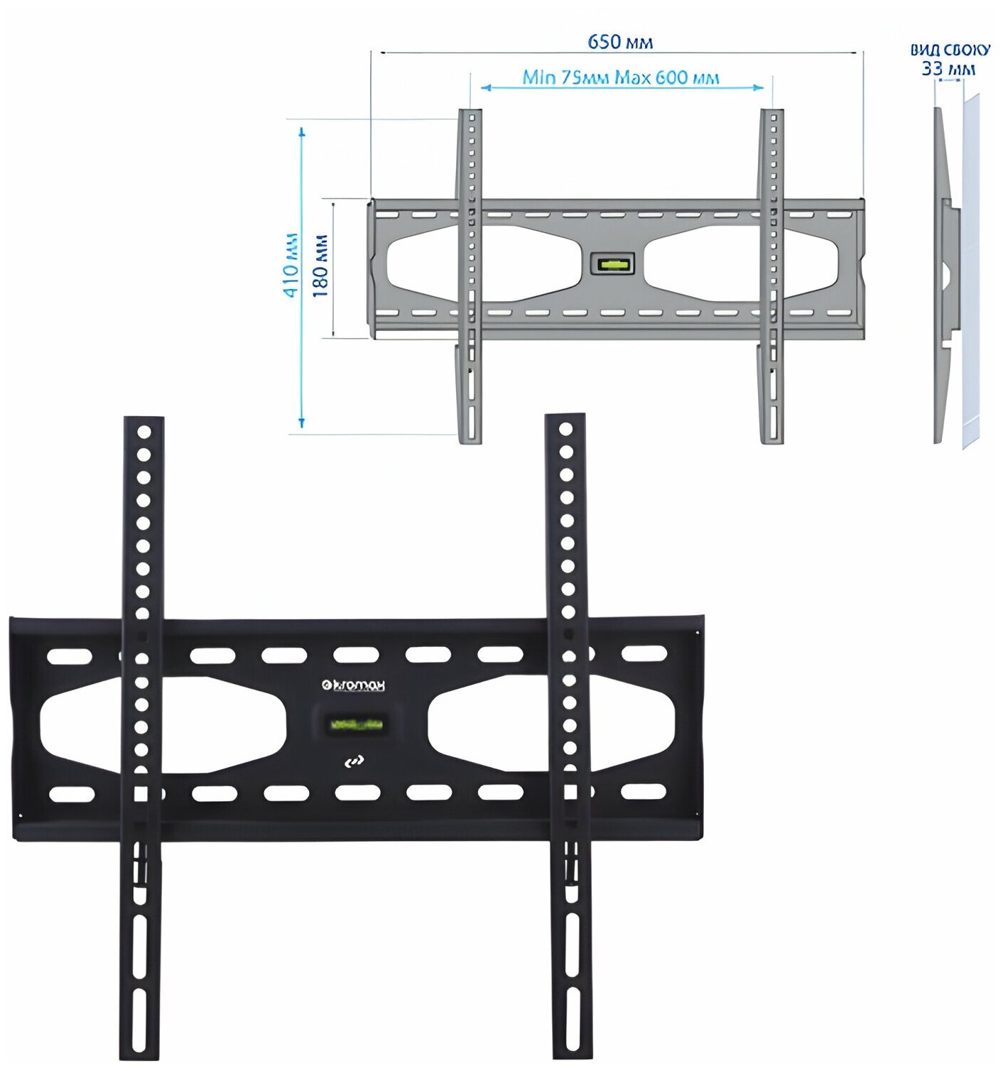 Кронштейн крепление для ТВ настенный KROMAX STAR 11  VESA 75 600 400  32 65   0 степеней свободы  до 50 кг  серый  20159