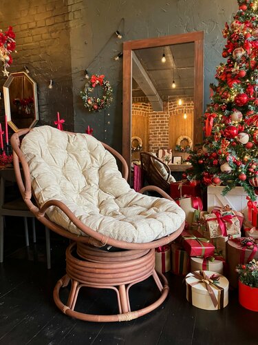 Изображение товара Кресло Папасан Челси вращающийся из натурального ротанга 23/03В с подушкой, цвет миндаль матовый