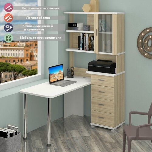 Изображение товара Стол компьютерный Мэрдэс СР-220/150 СБЕ Сонома/Белый, угловой, с полками, с ящиками, 150х109.5х193 см