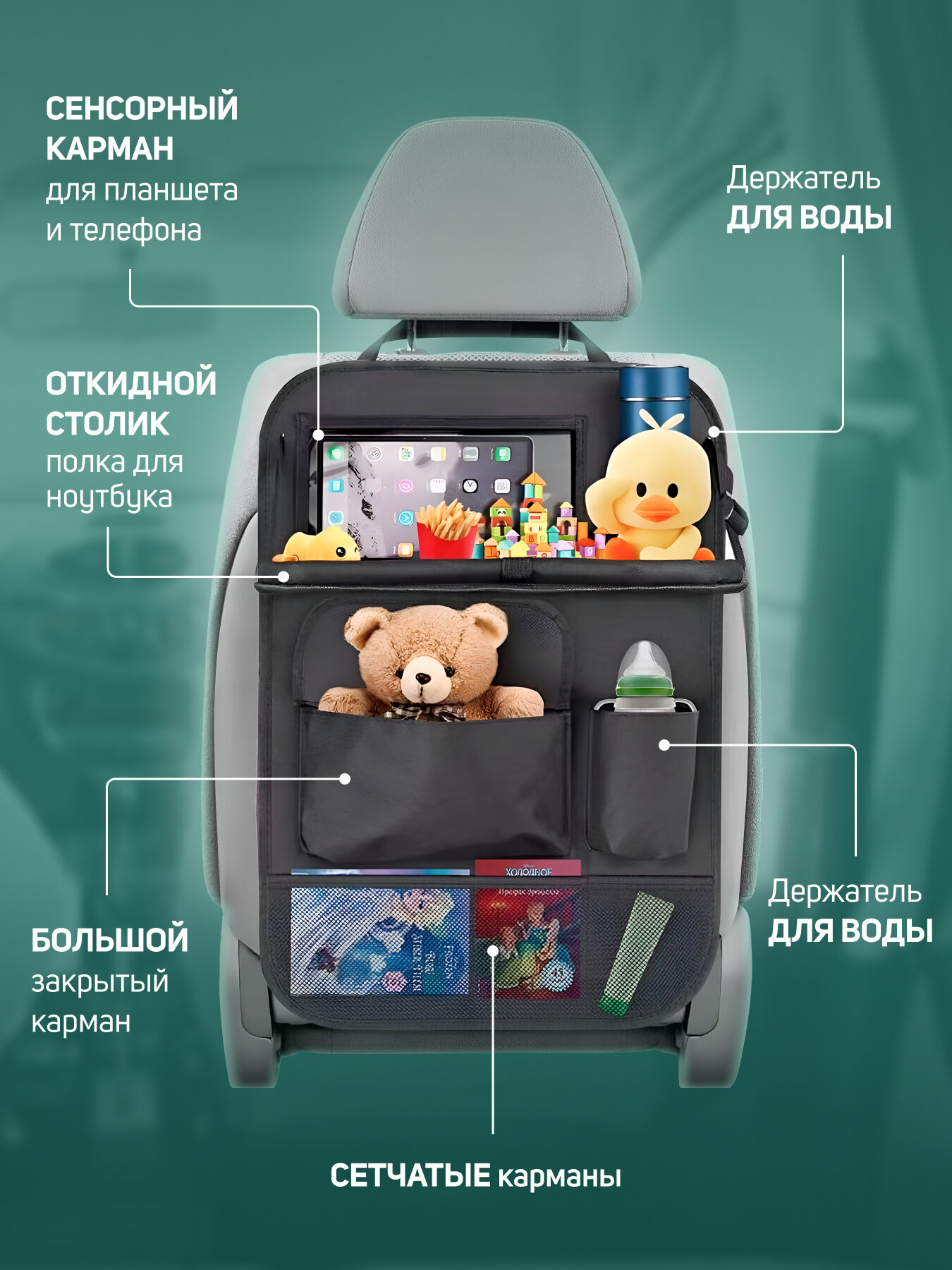 Органайзеры В Автомобиль Xiaomi Органайзер на сиденье автомобиля, откидной столик, держатель для воды, сенсорный карман для планшета, черный