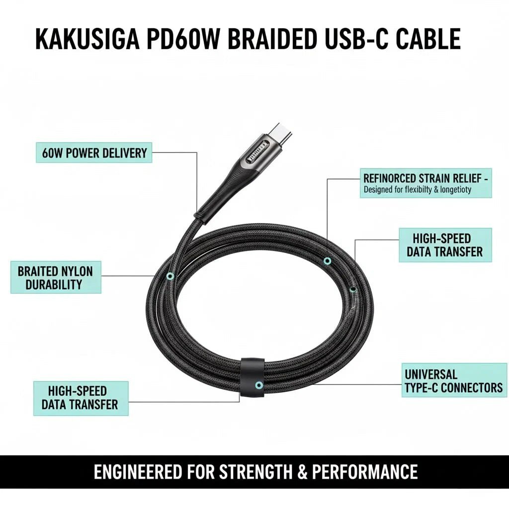 Кабель KAKUSIGA, Type-C, USB, для быстрой зарядки, 60Вт, 1м, черный