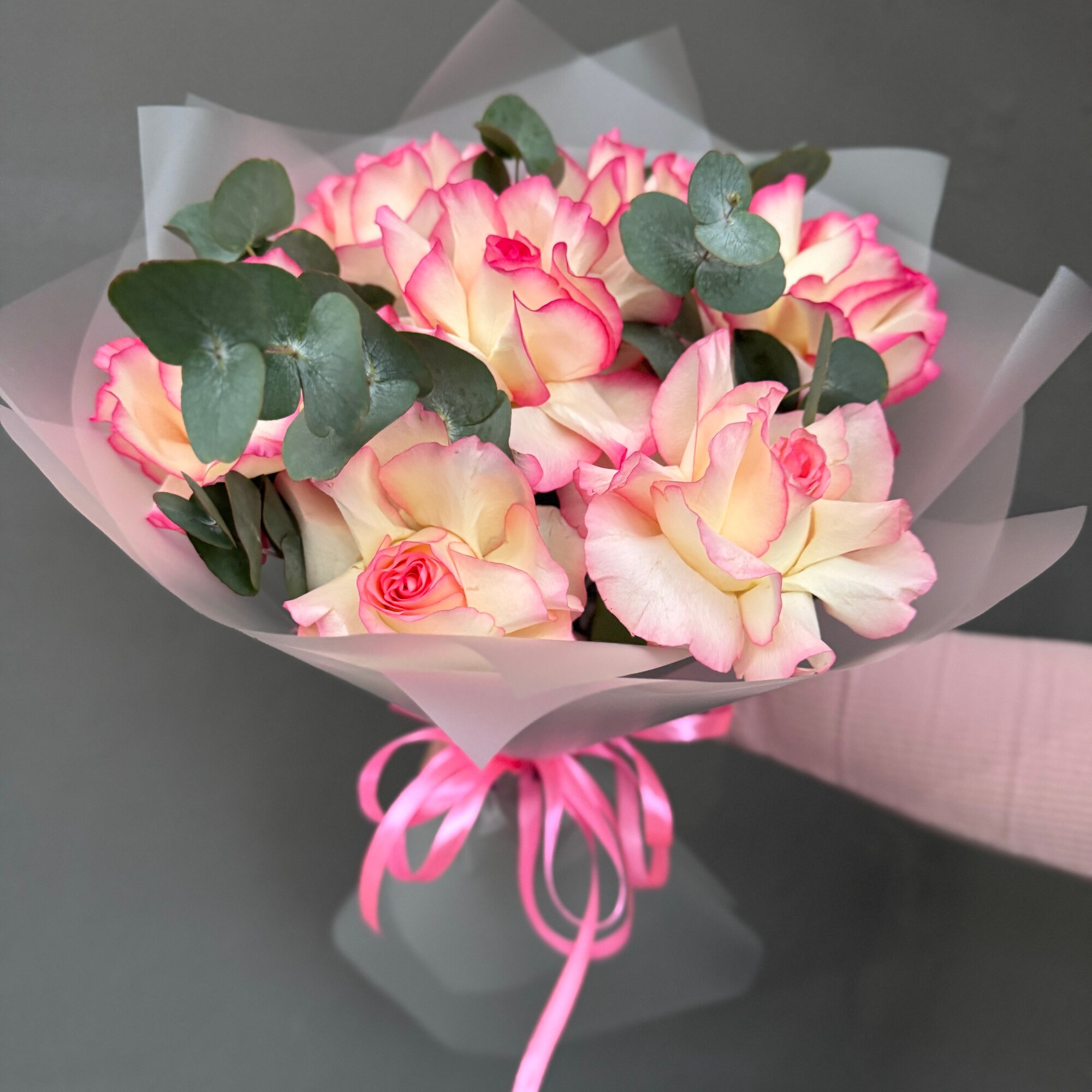 Розы махровые 7шт розово белые 40 см арт  25111720   Просто Роза ру