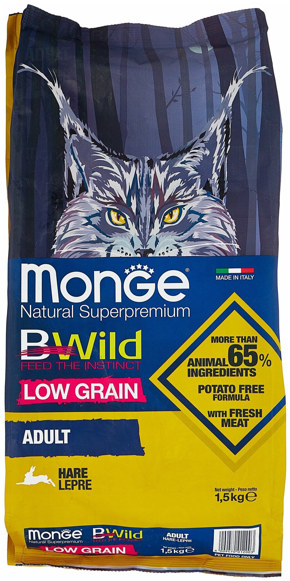 Monge Cat BWild LOW GRAIN низкозерновой корм из мяса зайца для взрослых кошек 1,5 кг - фотография № 11