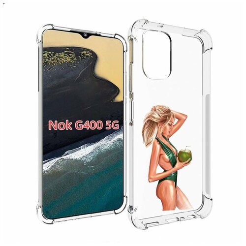 Чехол MyPads девушка-с-кокосом-в-зеленом-купальнике женский для Nokia G400 5G задняя-панель-накладка-бампер