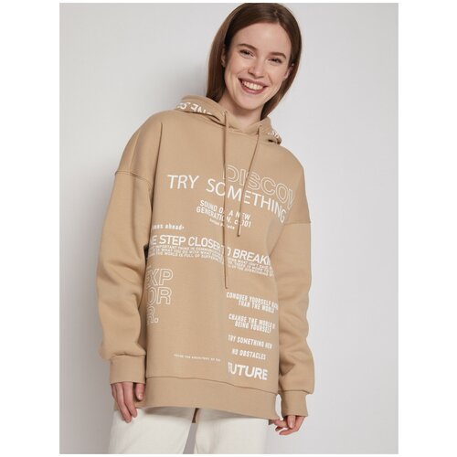 фото Оверсайз худи с принтом, цвет бежевый, размер l zolla
