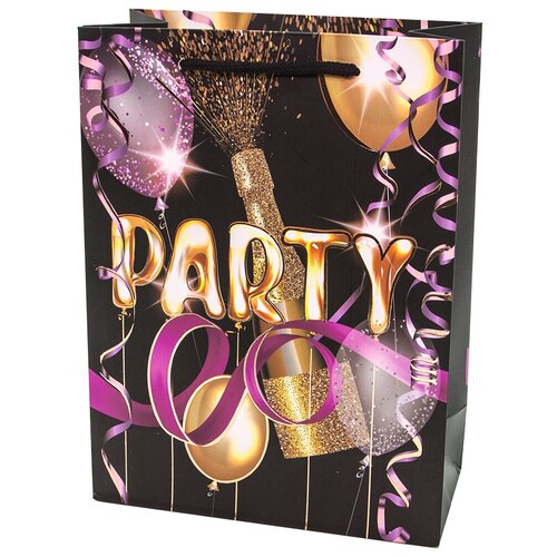 фото Пакет подарочный, вечеринка (шампанское и серпантин), черный, металлик, 24*18*9 см, 1 шт. дон баллон