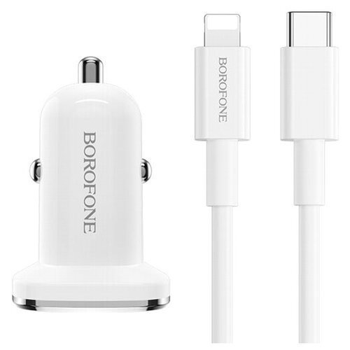 фото Автомобильное зарядное устройство borofone bz12 lasting power white 2 usb- порта 2.4а плюс кабель lightining, белый