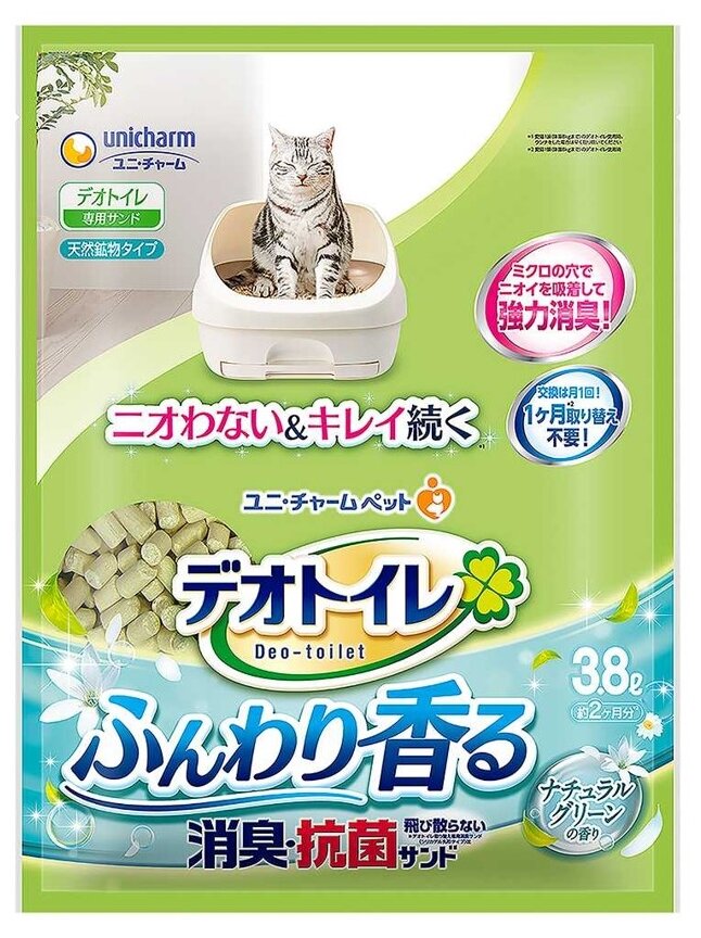 Unicharm Deo Toilet Трудно рассыпающийся дезодорирующий антибактериальный наполнитель для cистемных туалетов для кошек с ароматом трав, 3,8 л - фотография № 1