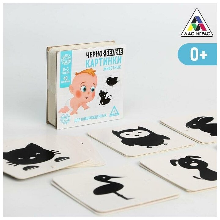 Чёрно-белые картинки для новорожденных «Животные», 40 картинок, 0+