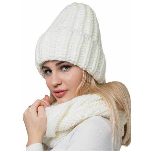Комплект шапка и снуд женский подростковый бини вязаный с флисом зимний,размер 50-58, цвет молочный