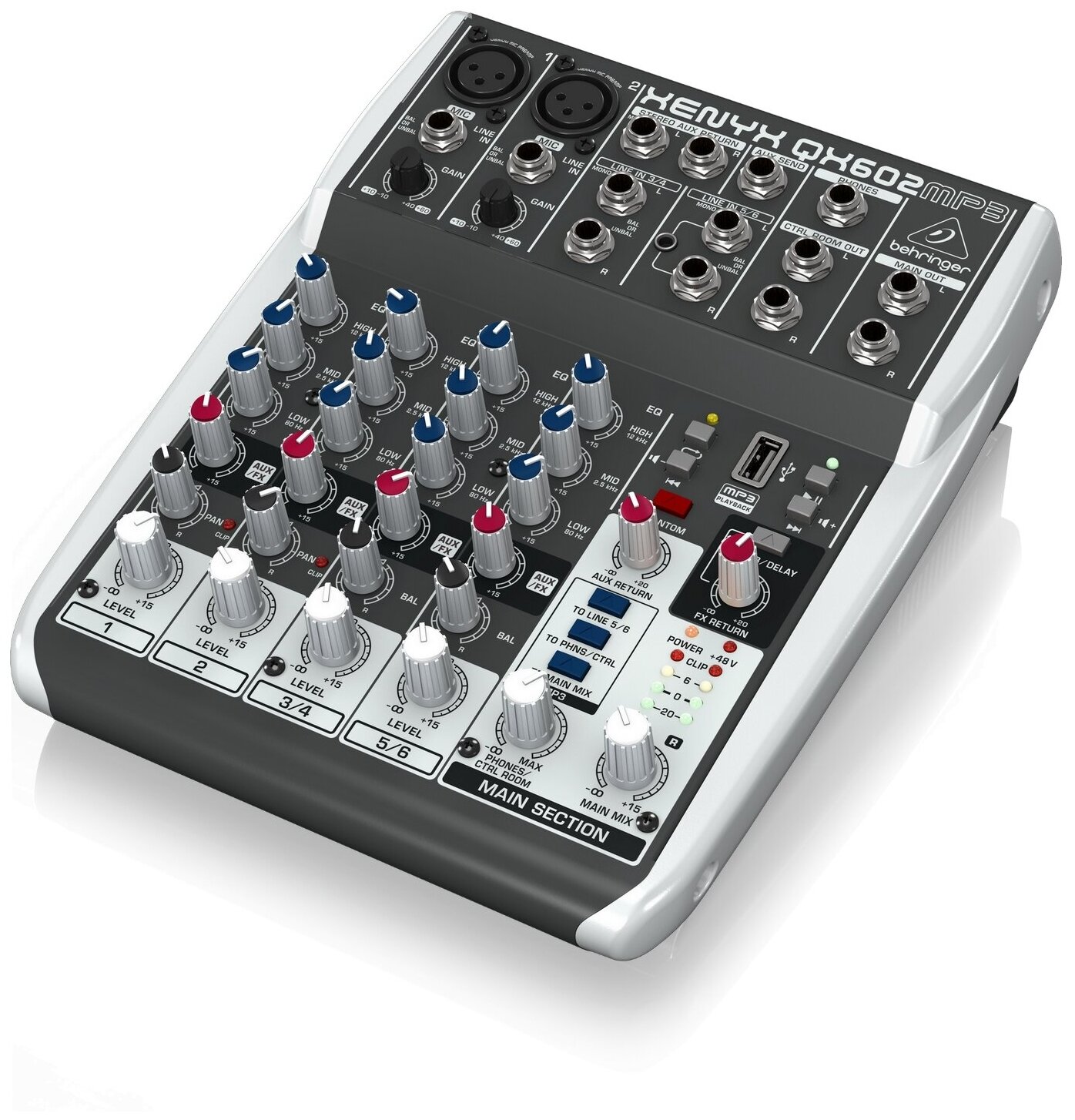 Behringer QX602MP3 компактный микшер, 6 каналов (2 мик. 2 стерео), 2 шины, процессор эффектов, MP3 плеер