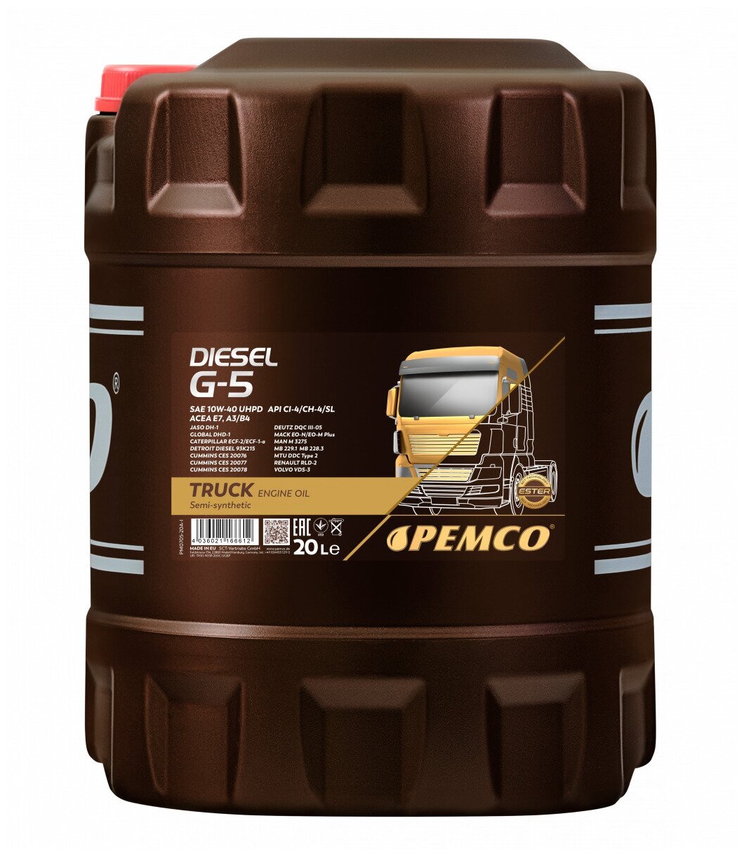 PEMCO 10w-40 Sn/Ch-4 , A3/B4 20л (Полусинт. Мотор. Масло)
