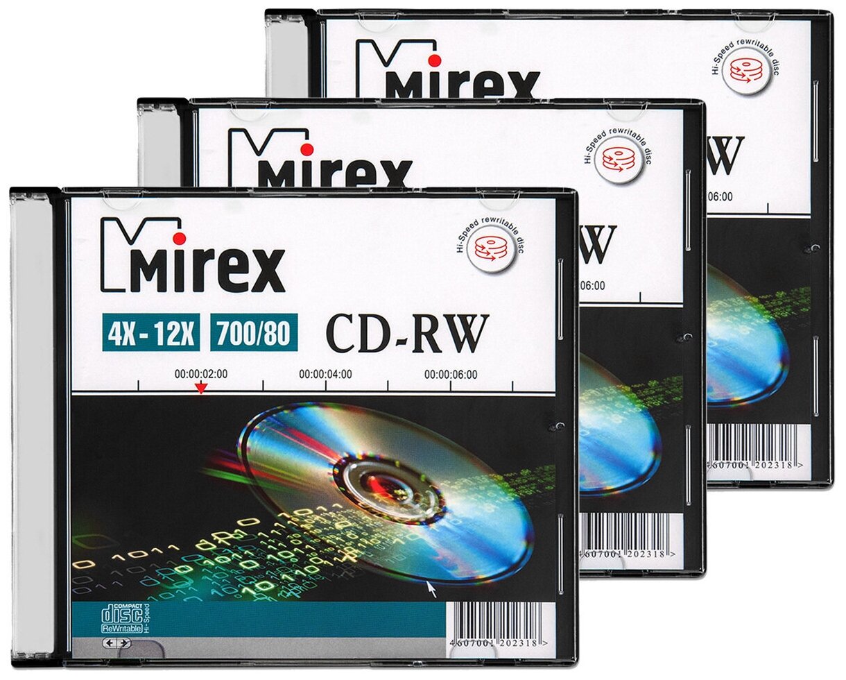 Перезаписываемый диск CD-RW Mirex 700Mb 12x slim box, упаковка 3 шт.