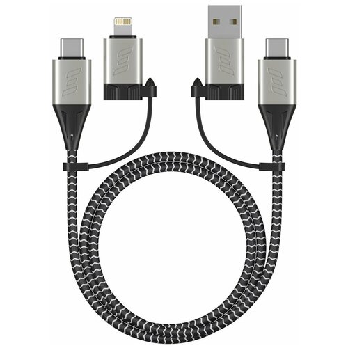 Дата-кабель DEPPA 4 в 1: Lightning, USB-C - USB-C, USB-A, алюминий, нейлон, 1.2м, 3А, черный,