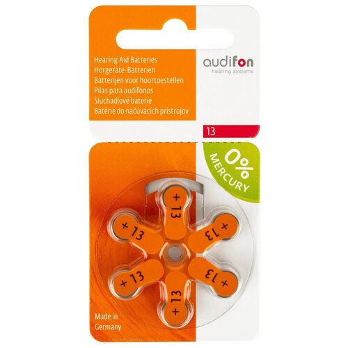Батарейки Audifon 13 для слуховых аппаратов, 1 блистер (6 батареек).