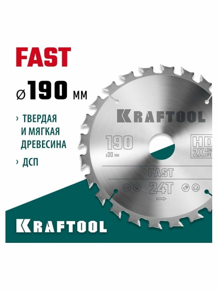 Kraftool Диск пильный по дереву 190х30мм 24Т 36950-190-30