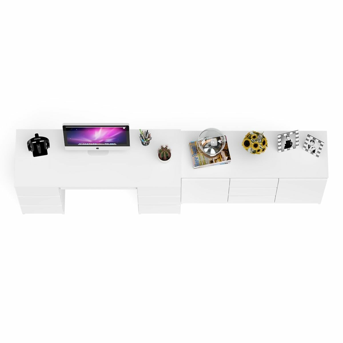Комод-тумба СВК Мори МК1200.3 со столом компьютерным двухтумбовым цвет белый, 255,8х50х76,6 см.
