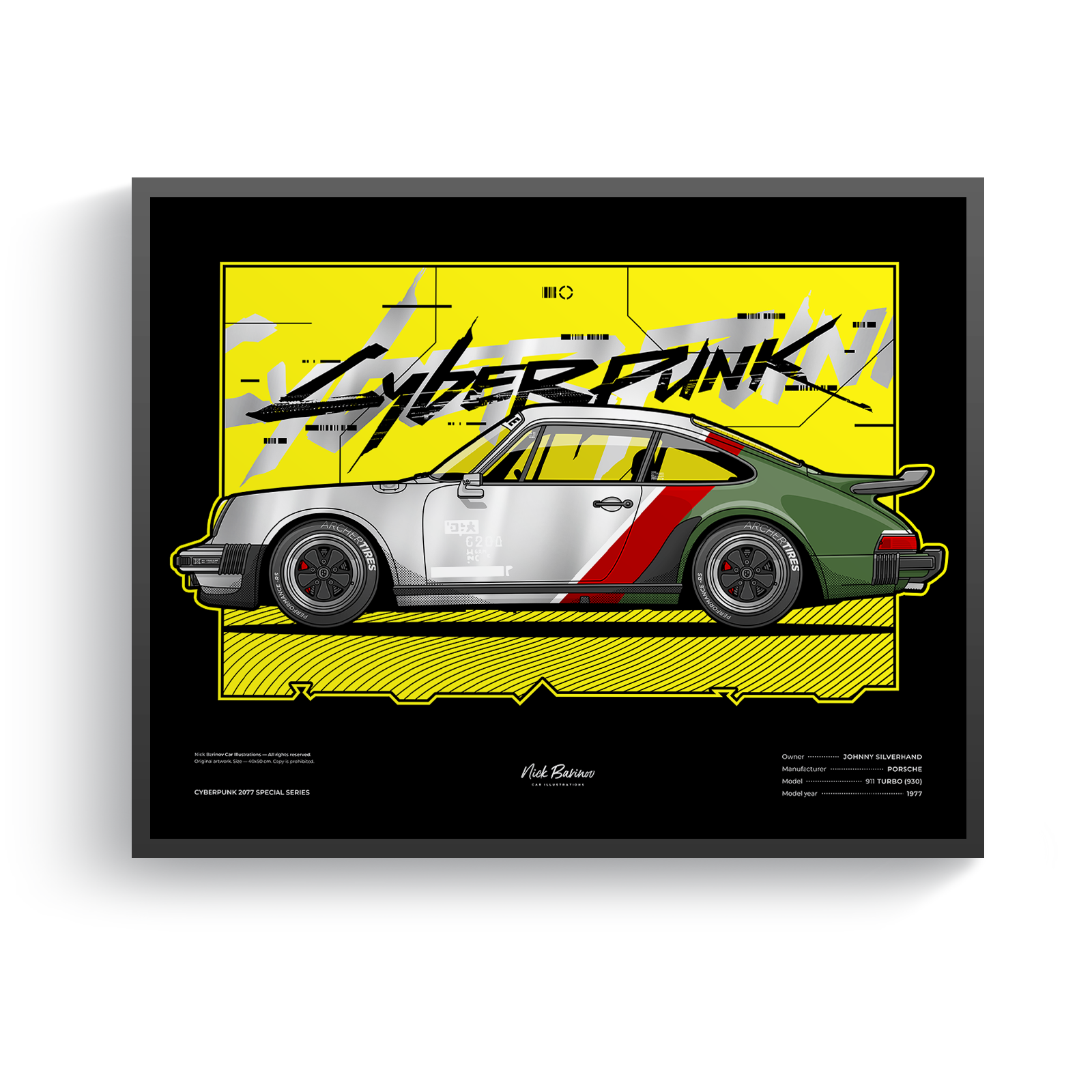 Плакат картина постер с авто в раме «Cyberpunk 2077» Porsche 911 Turbo (930) / плакат на стену (40х50см)