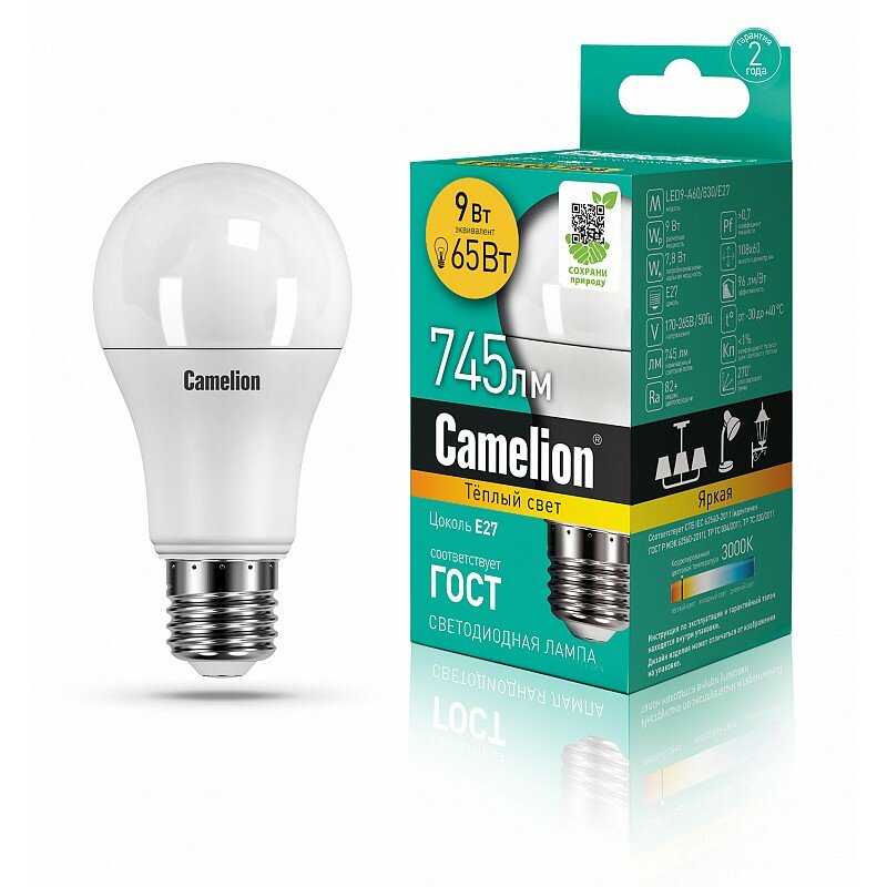 Camelion LED9-A60/830/E27 (Эл. лампа светодиодная 9Вт 220В), цена за 1 шт.