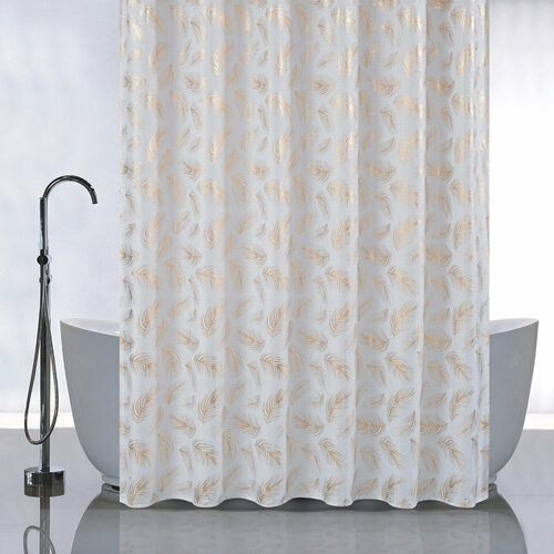 Штора с рисунком, золотые перья на белом, в ванную комнату, без колец, полиэстэр 180 х180 см, санакс 01-106 белый, золотистый