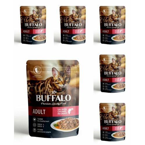 Mr. Buffalo adul hair & skin Пауч влажный корм для кошек, с чувствительной кожей, лосось в соусе, 85 г, 6 шт mr buffalo adul hair