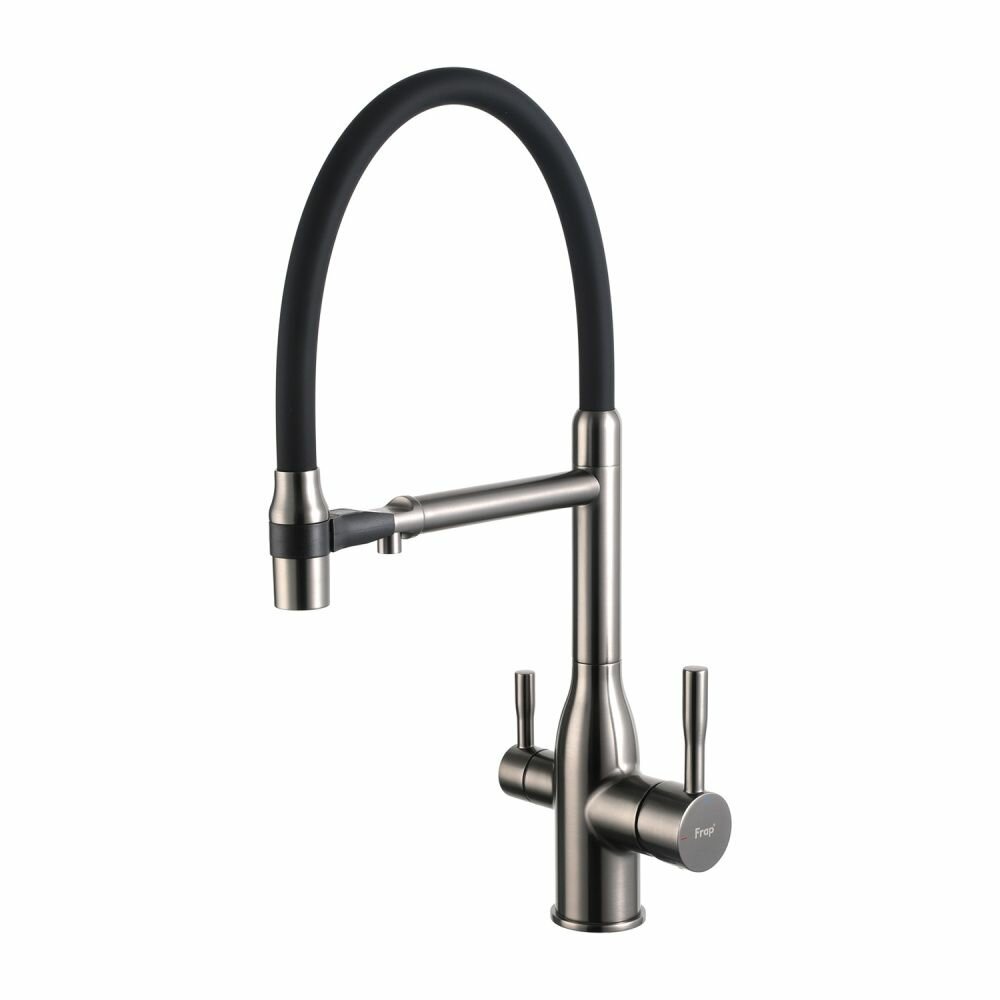 Смеситель для кухонной мойки Frap F4398-9 с гибким изливом и подключением фильтра питьевой воды, оружейная сталь