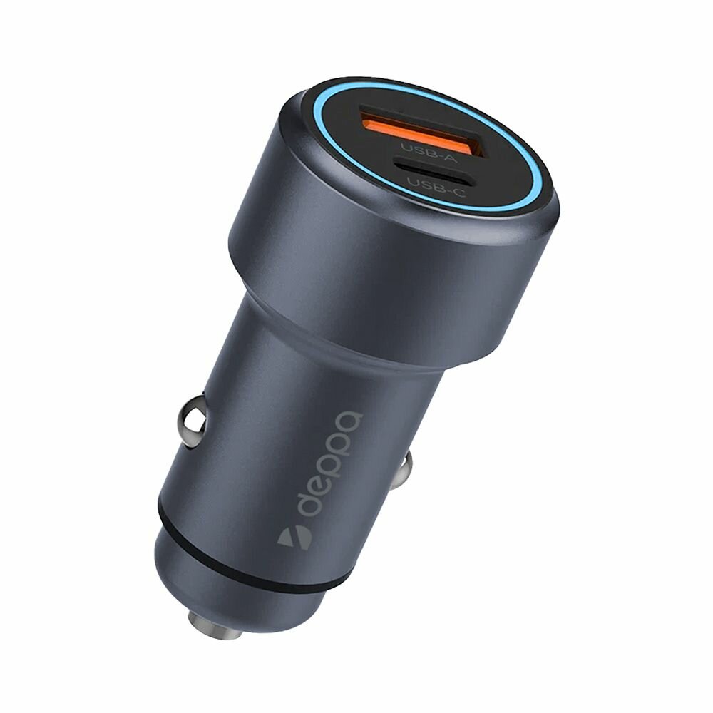 Автомобильное зарядное устройство USB A + USB-C, PD, QC 3.0, 48Вт, металл, серый, Deppa, 11220