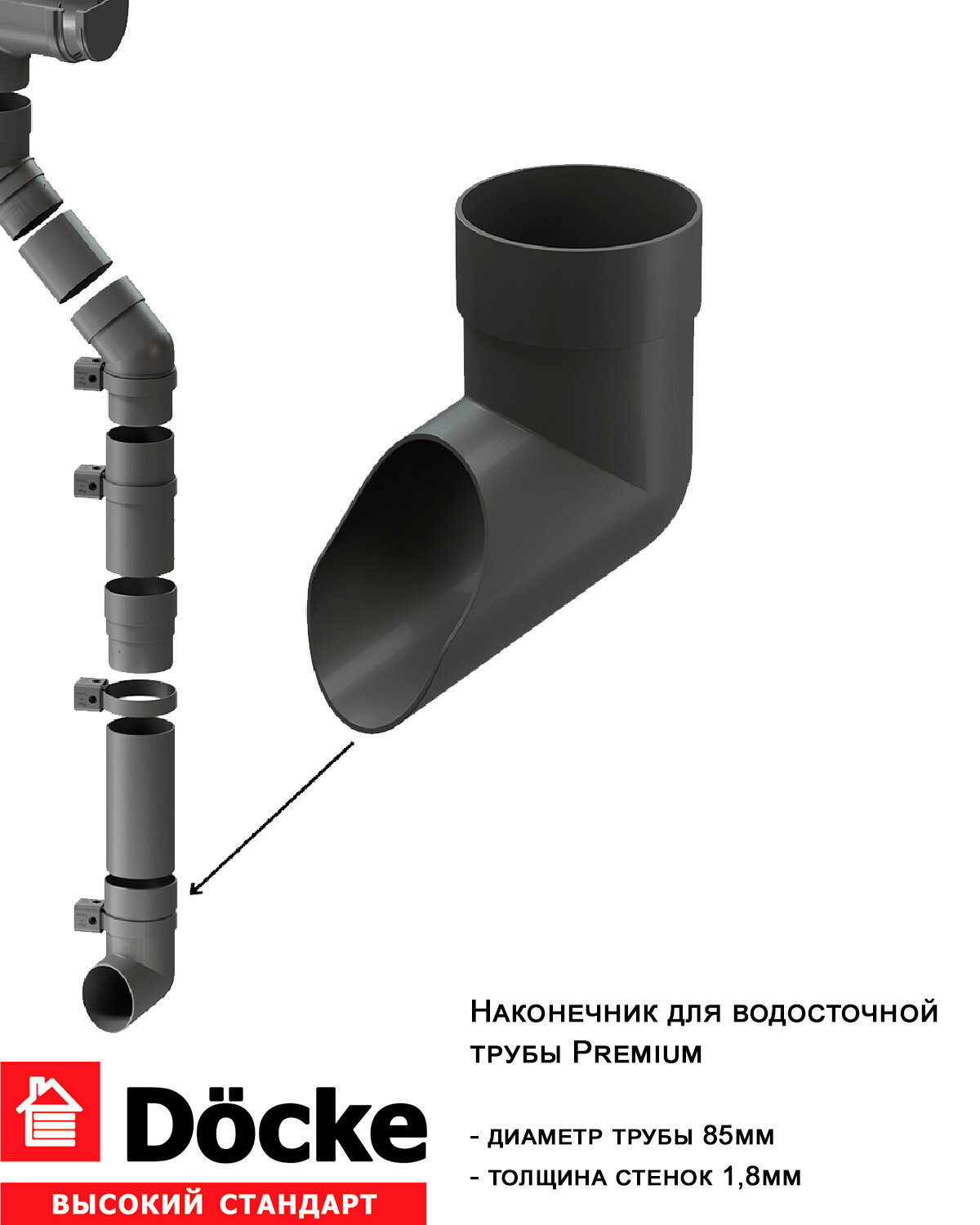 Наконечник трубы водостока ПВХ дёке Премиум 85мм, графит (RAL7024)