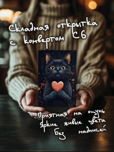 Изображение товара Открытка-валентинка "Чёрный котик с сердцем" (подарочная, с конвертом) - Для любимых подруг, на 8 марта и 14 февраля